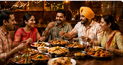 Family enjoying pure vegetarian Punjabi food